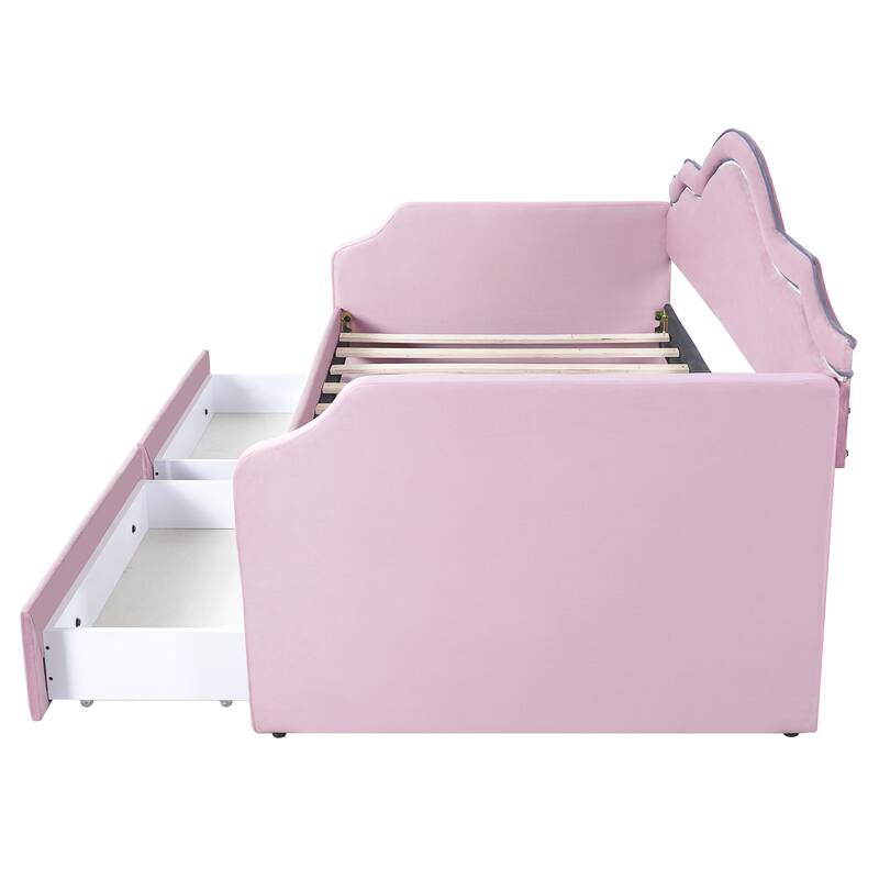 Pink Velvet Twin Upholstered Daybed with LED Lights and Storage Drawers