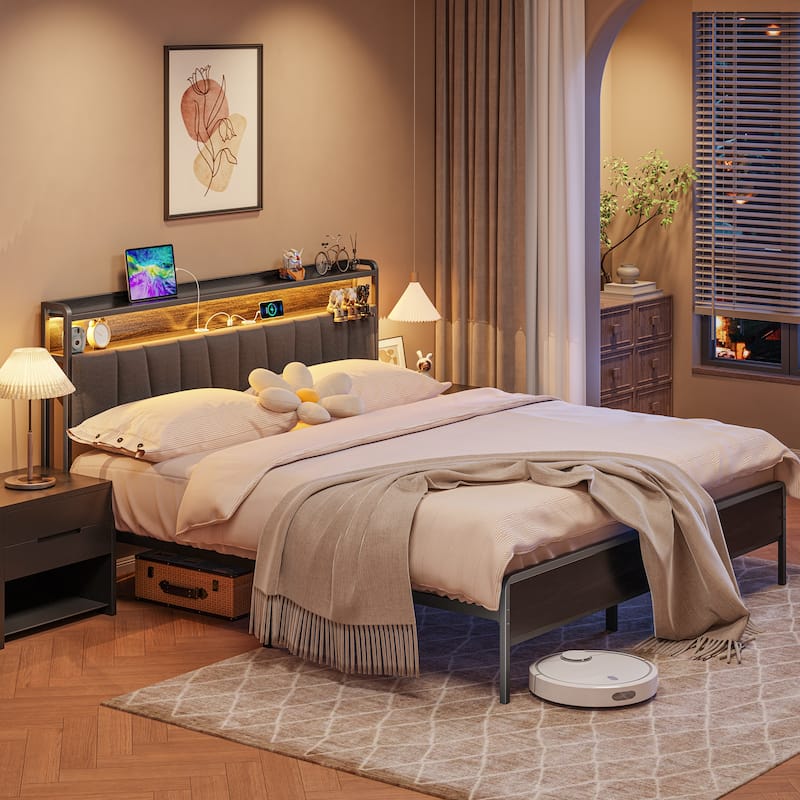 Queen Size Bed Frame with LED Headboard & USB Charging – Storage-Friendly Platform Bed with Snap Assembly