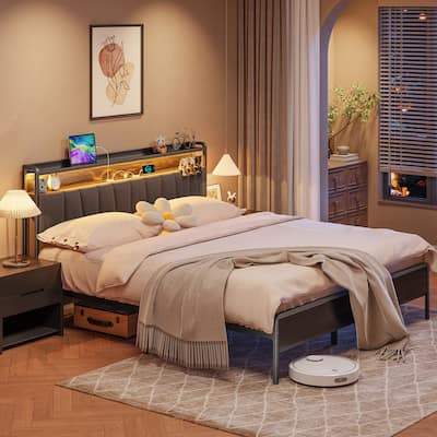 Queen Size Bed Frame with LED Headboard & USB Charging – Storage-Friendly Platform Bed with Snap Assembly