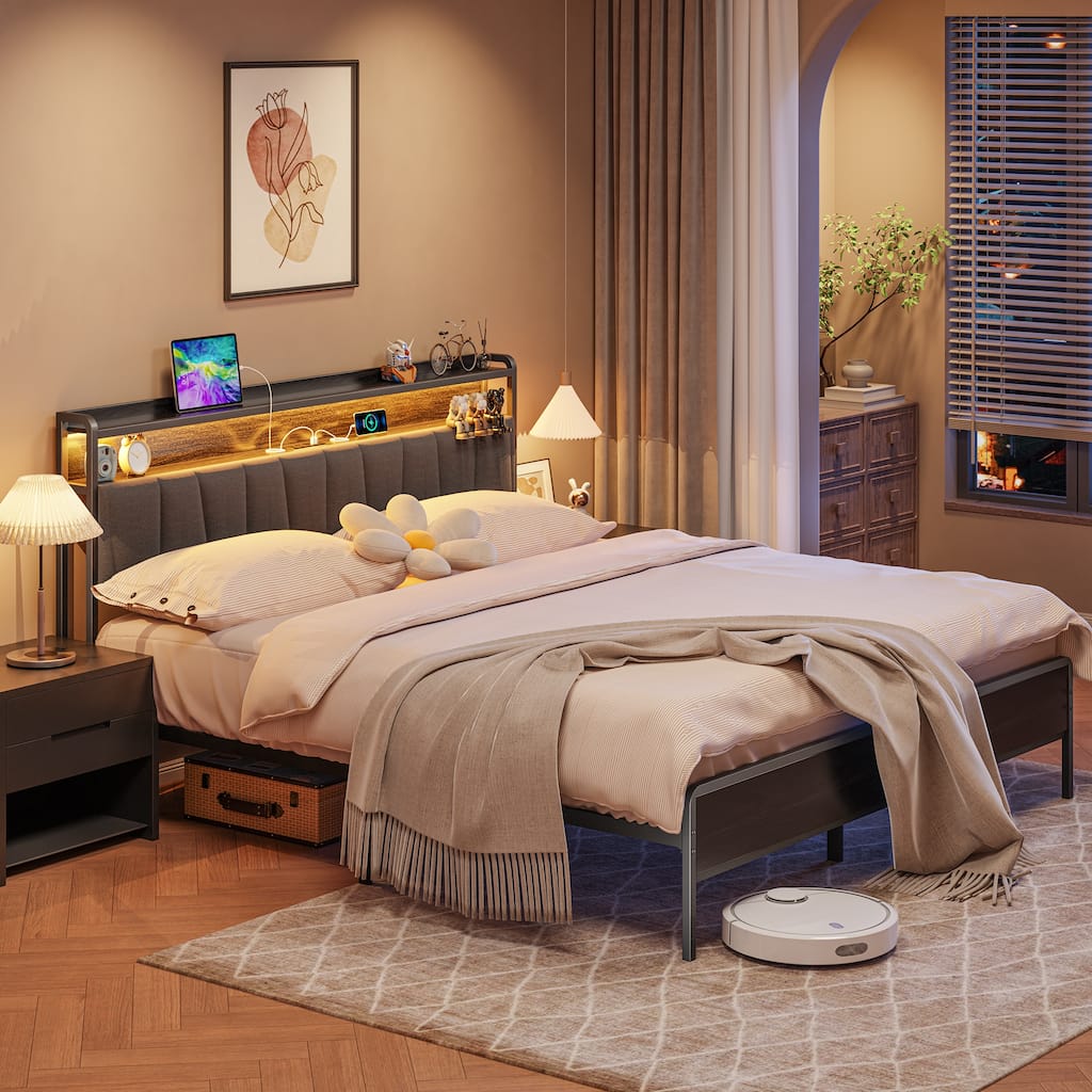 Queen Size Bed Frame with LED Headboard & USB Charging – Storage-Friendly Platform Bed with Snap Assembly