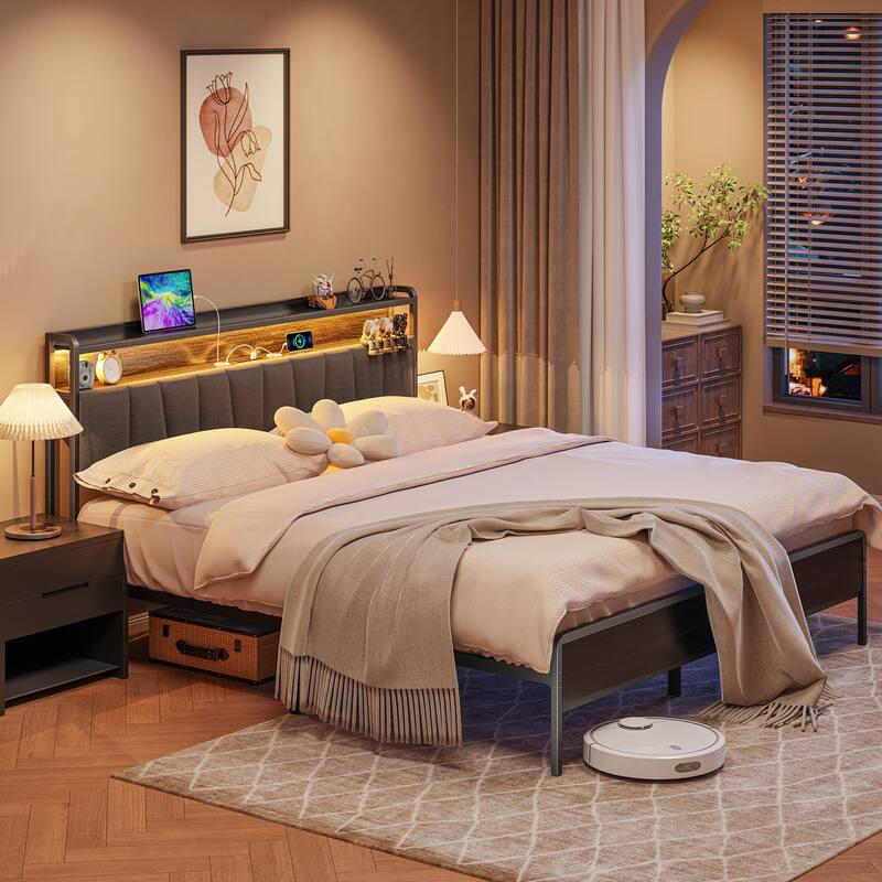 Queen Size Bed Frame with LED Storage Headboard & USB Port