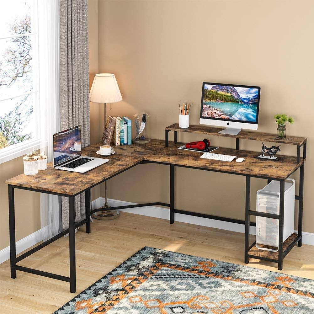 L-Shaped Large PC Gaming Desk with Monitor Stand with Shelves Wood