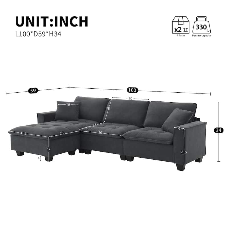 100" L-Shaped Suede Sectional Sofa with Ottoman and Pillows, 4-Seater Sleeper