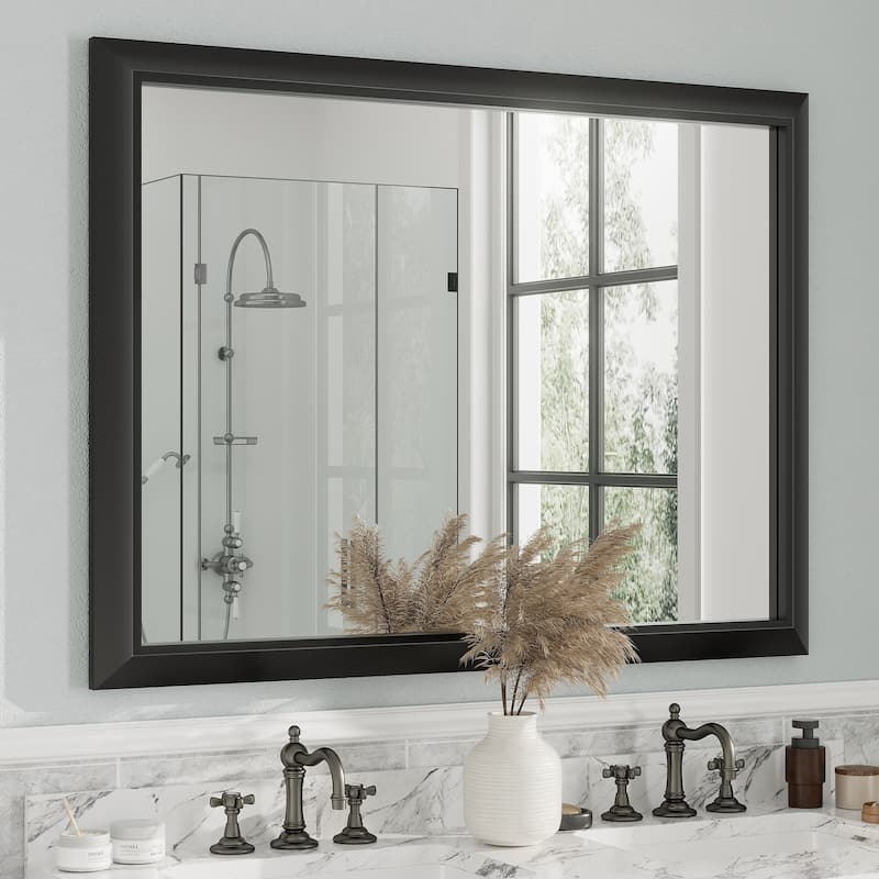 Beveled Metal Rectangle Framed Bathroom Vanity Tempered Glass Mirrors - 48" x 36" - Black