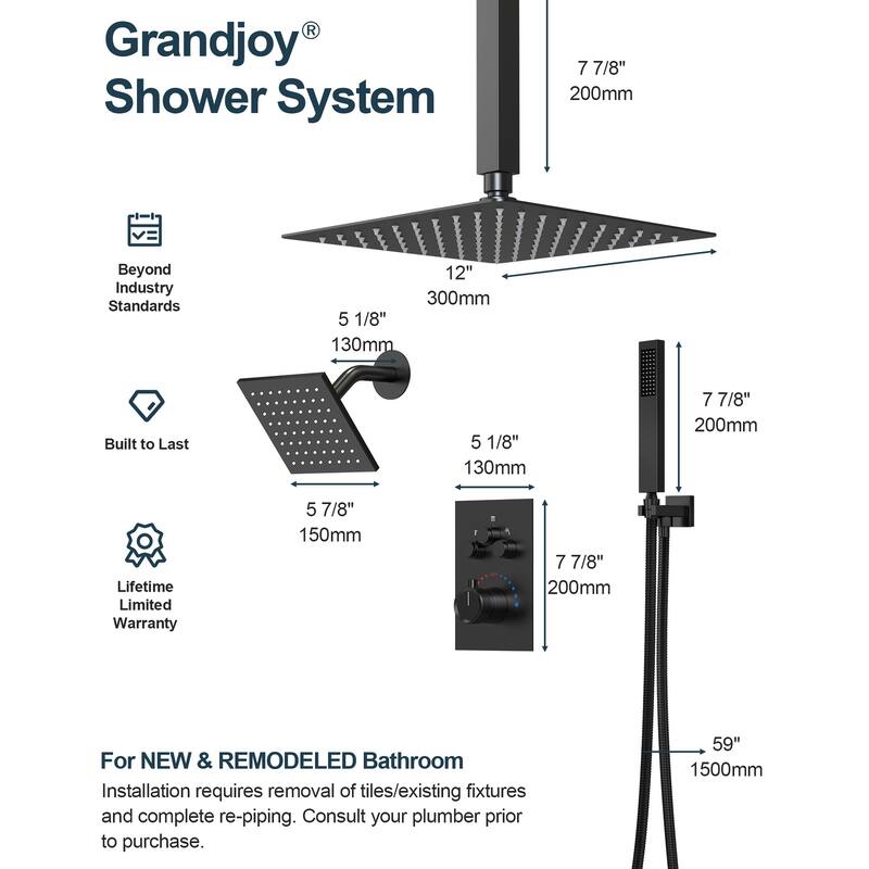 GRANDJOY Dual Shower Heads System 12" & 6" Rainfall Shower Head with Handheld Sprayer