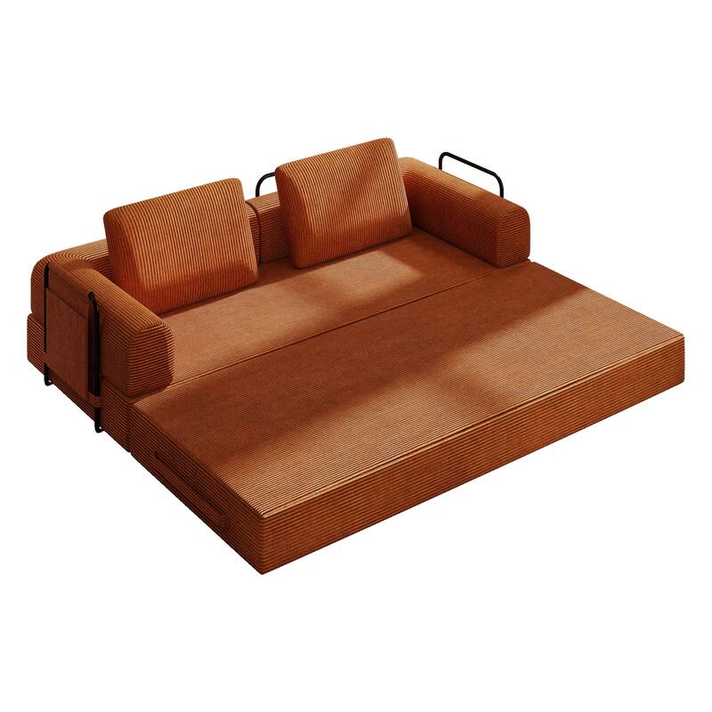 Convertible Sleeper Sofa Bed with Cylindrical Pillow - Corduroy Folding Mattress Couch with Fixed-Shape Frame