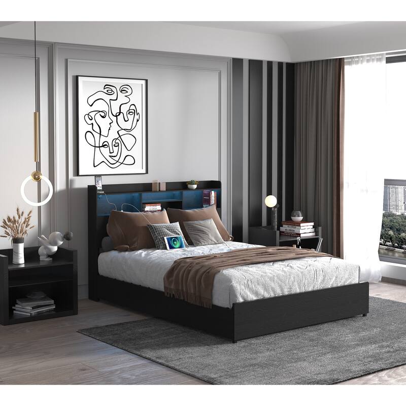 Black Platform Storage Bed Frame with Pull-out Storage Drawers and Storage Shelf Headboard Built-in Charging Station