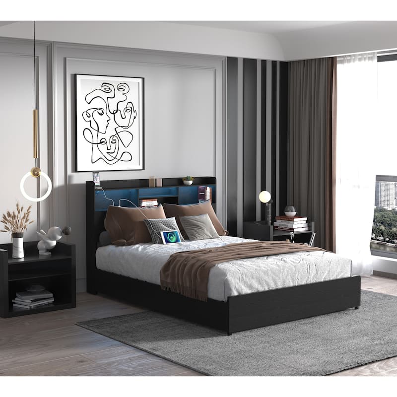 Platform Bed Frame with Storage Headboard, USB Charging Station, LED Lights, Storage Shelf, 4 Storage Drawers, No Noise, Black - Black - Full