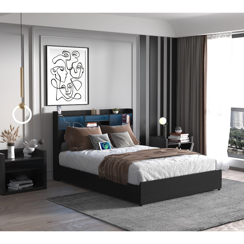 Platform Bed Frame with Storage Headboard, USB Charging Station, LED Lights, Storage Shelf, 4 Storage Drawers, No Noise, Black