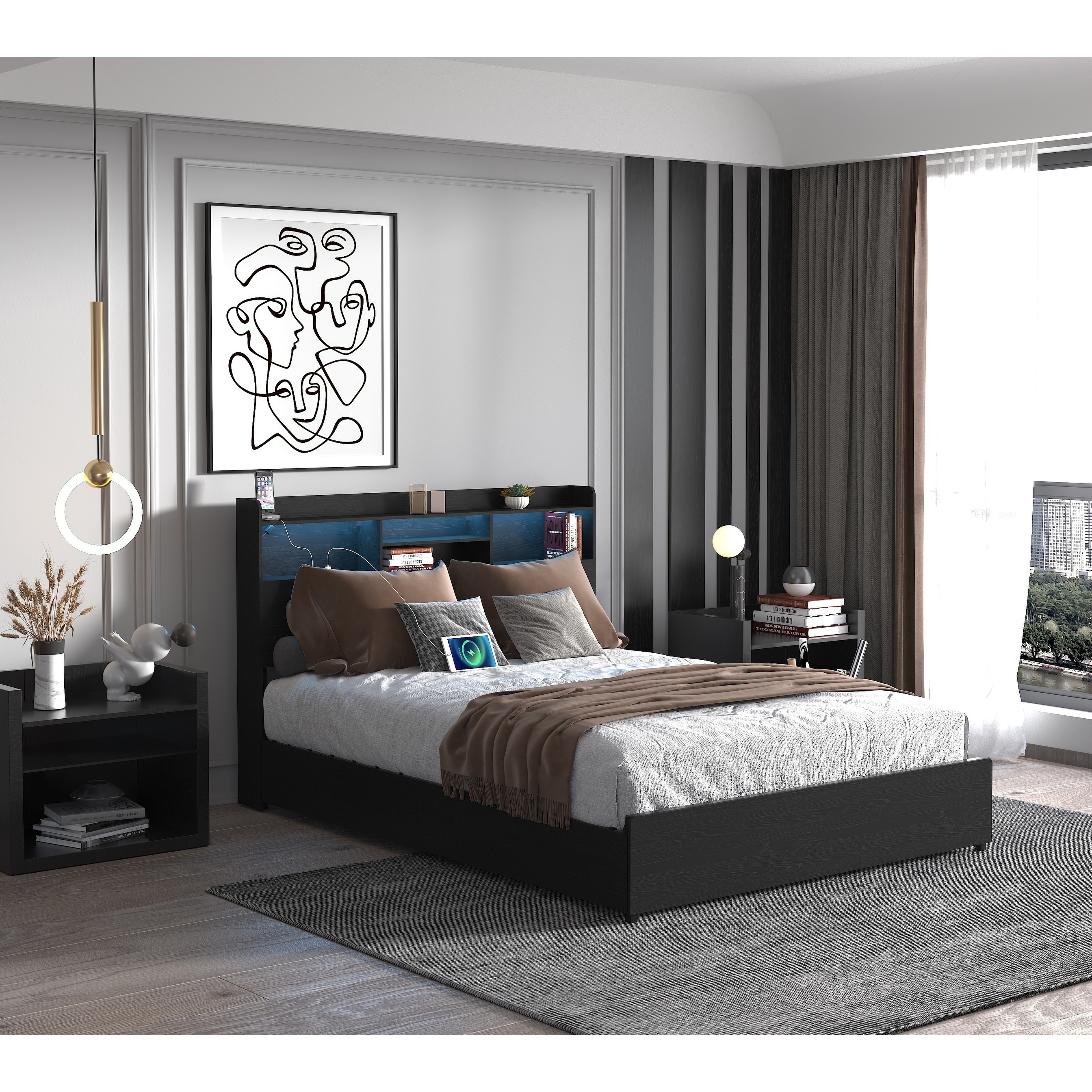 Platform Bed Frame with Storage Headboard, USB Charging Station, LED Lights, Storage Shelf, 4 Storage Drawers, No Noise, Black