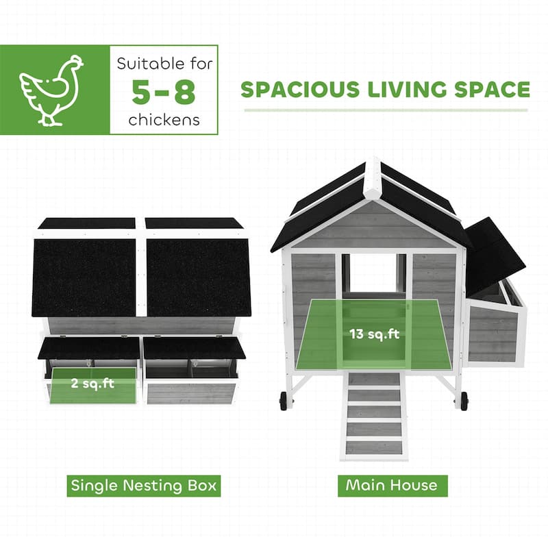 Large Wooden Chicken Coop with 2 Nesting Boxes, Wheels and Ramp - 59.1" W × 53.1" D × 48.2" H