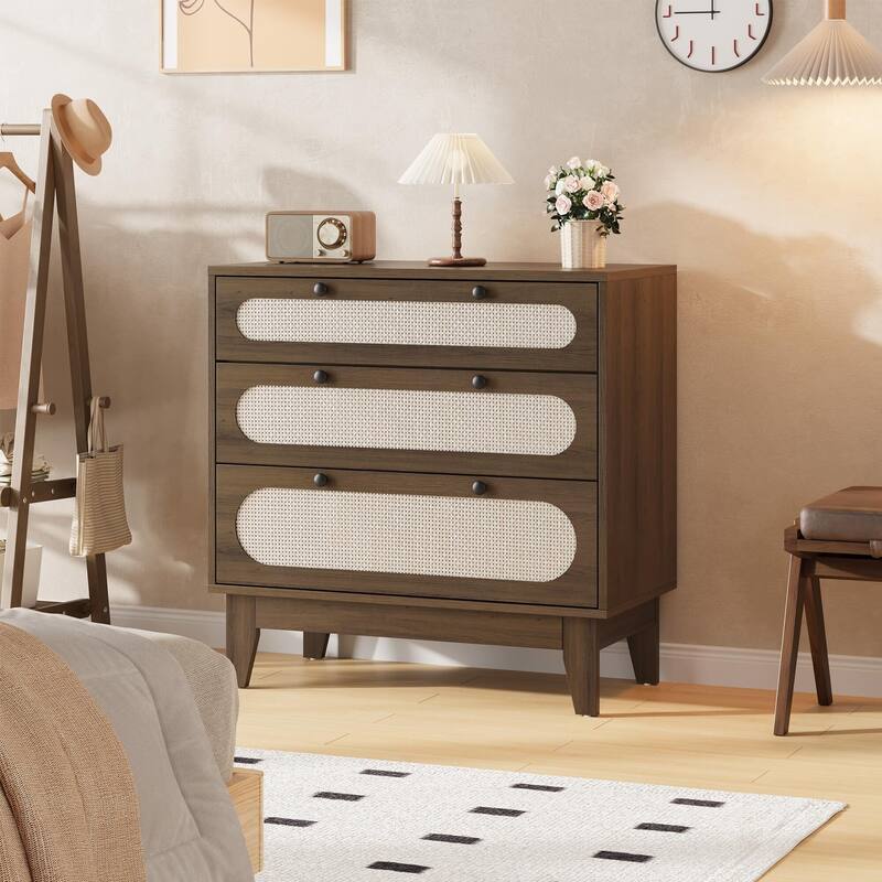 Rattan Drawer Dresser, 3 Wood Drawers Storage Cabinet Dresser for Bedroom, Living Room,Hallway - Brown
