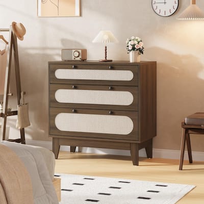 Rattan Drawer Dresser, 3 Wood Drawers Storage Cabinet Dresser for Bedroom, Living Room,Hallway