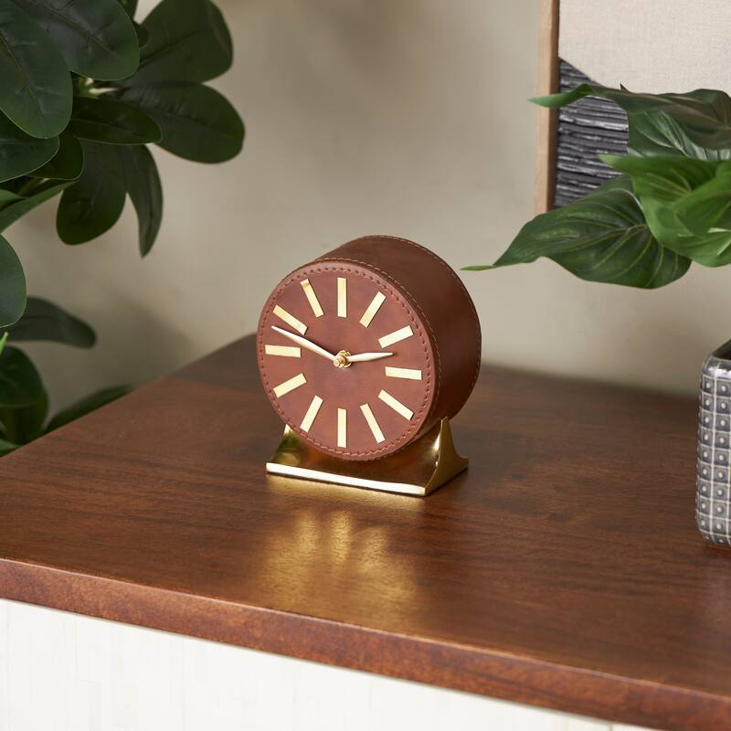 Faux Leather Round Decorative Clock with Gold Rectangular Base - Brown or Black - Roche River Decor