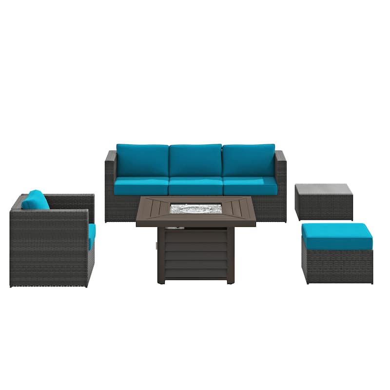 Corvus Trey 7-piece Patio Wicker Sofa Set with Fire Table - Peacock