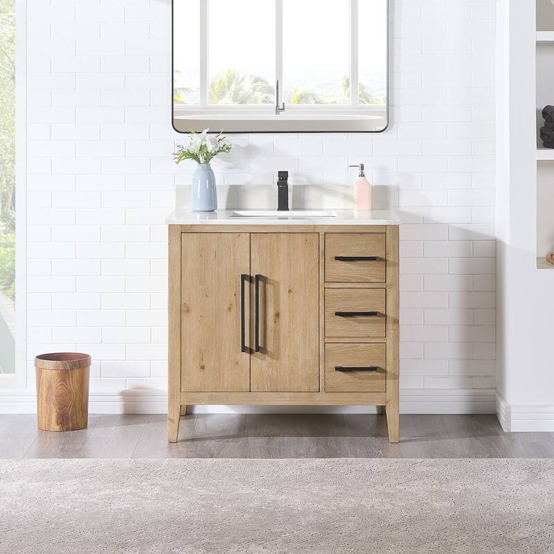 Altair Laurel Bath Vanity with Calacatta White Quartz Stone Countertop without Mirror - 36 inch - Weathered Fir
