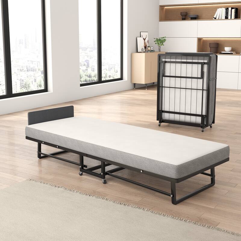 Metal Folding Bed Frame with Foam Mattress, 4 Wheels, Easy Storage