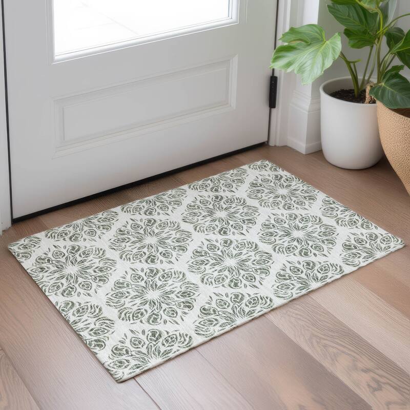 Machine Washable Indoor/ Outdoor Damask Pearl Chantille Rug