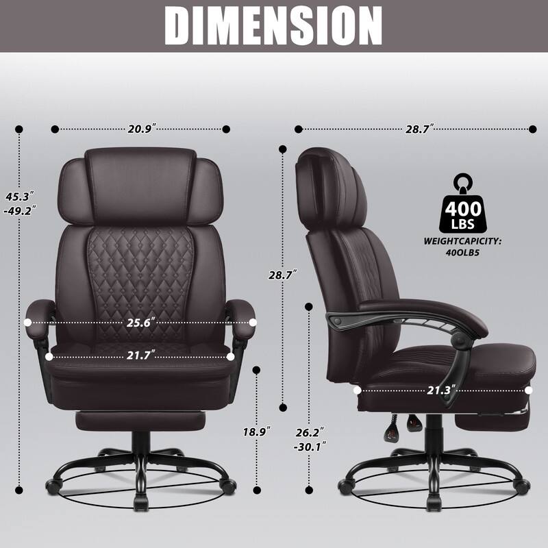 BOSSIN 400lbs Big & Tall Office Chair, Reclining Executive Chair with Footrest, Adjustable Headrest, PU Leather High Back,