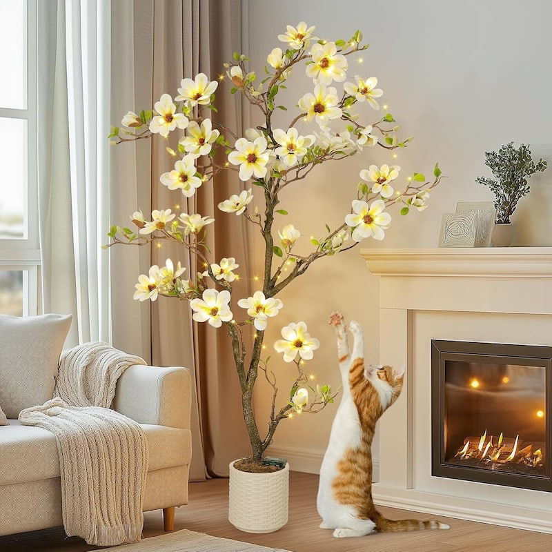 Faux Artificial Flower Tree, Magnolia Plants with Light for Home Decor - 7 ft