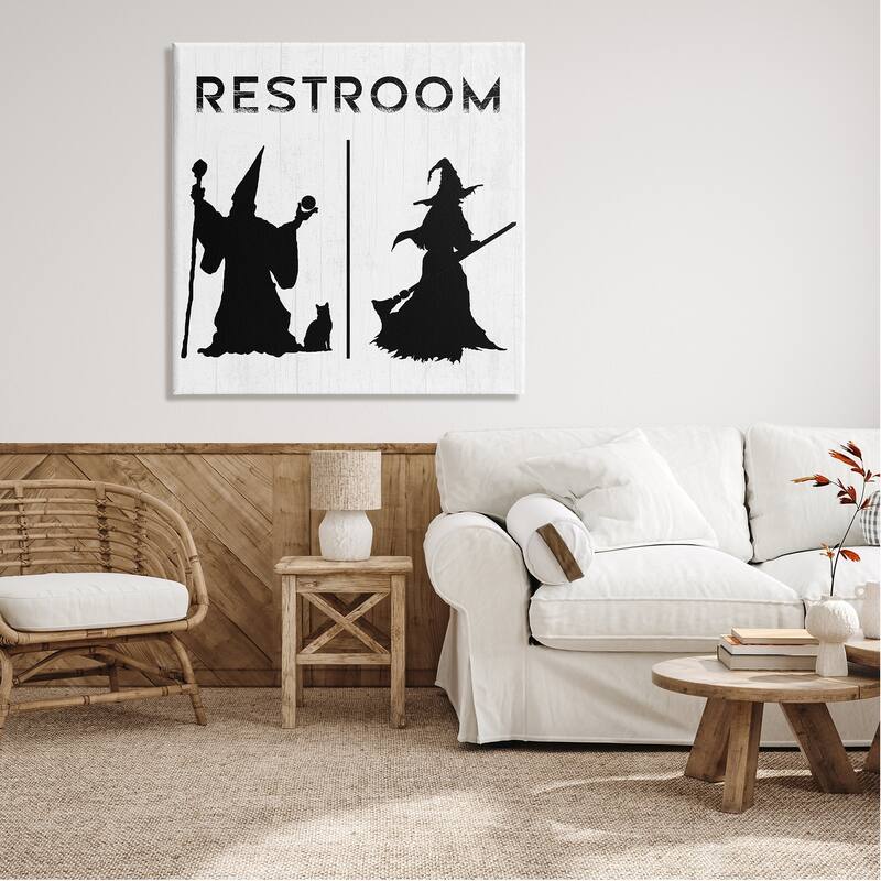 Stupell Rustic Witch & Wizard Halloween Restroom Sign Canvas Wall Art, Design by Daphne Polselli