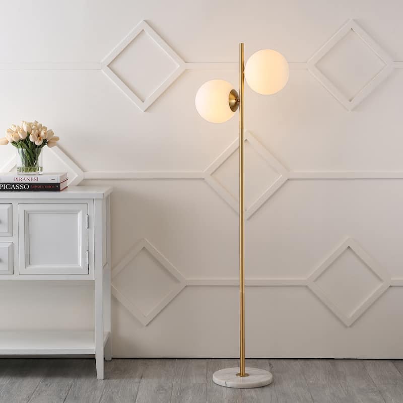 Tyler 60.5" 2-Light Modern Parisian Candlestick Iron LED Floor Lamp, Brass Gold/White by JONATHAN Y - 2 Light