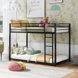 Black Twin over Twin Size Metal Low Bunk Bed with Ladder & Fence