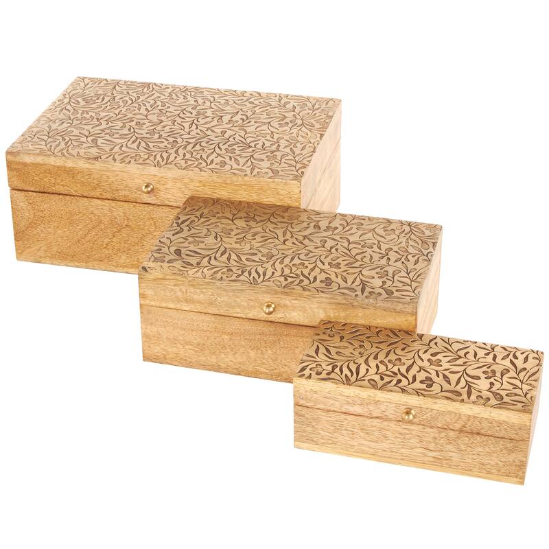Brown Mango Wood Handmade Storage Scroll Box with Gold Accents (Set of 3)