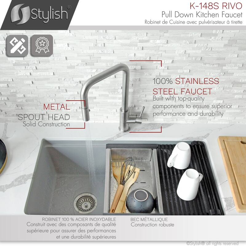 STYLISH Kitchen Sink Faucet Single Handle Pull Down Dual Mode in Stainless Steel - Faucet Height: 14 3/8" | Spout Height: 7 7/8"