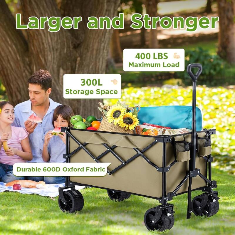 EROMMY Heavy Duty Folding Wagon Cart - All Terrain Collapsible Utility Wagon with Big Wheels, Brakes & Cup Holders for Camping