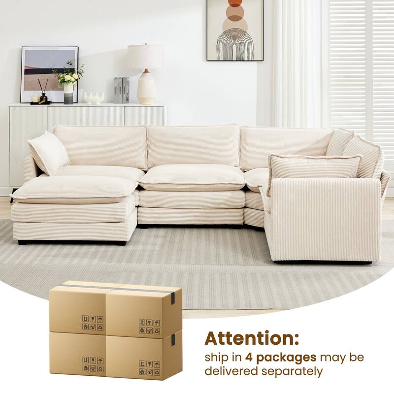 5-Seater Corduroy Sectional Sofa with a Removable Ottoman & Corner Seat, Soft & Comfortable - 4 Seats with 1 Ottoman