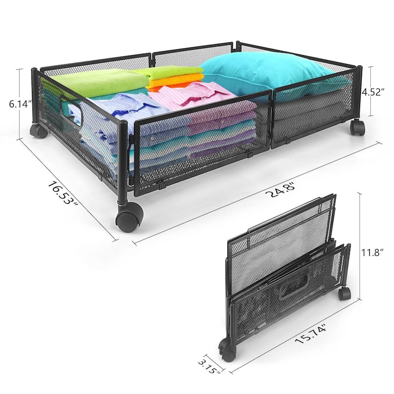 Innovaze Under Bed Storage Containers with Wheels, 2-Pack - Foldable Metal Rolling Organizers for Clothes, Bedding & Toys
