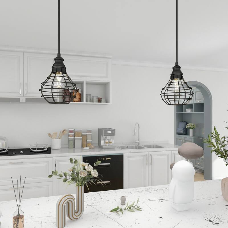 1-light pendant with black finish and steel cage shade