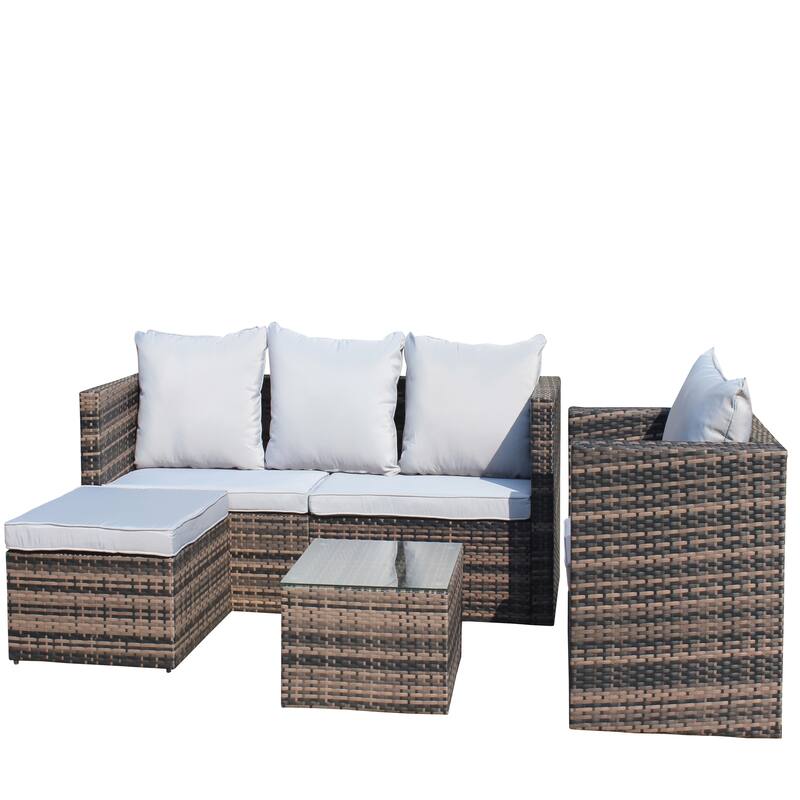 Outdoor 4-Piece PE Rattan Wicker Cushioned Sofa Set and Coffee Table