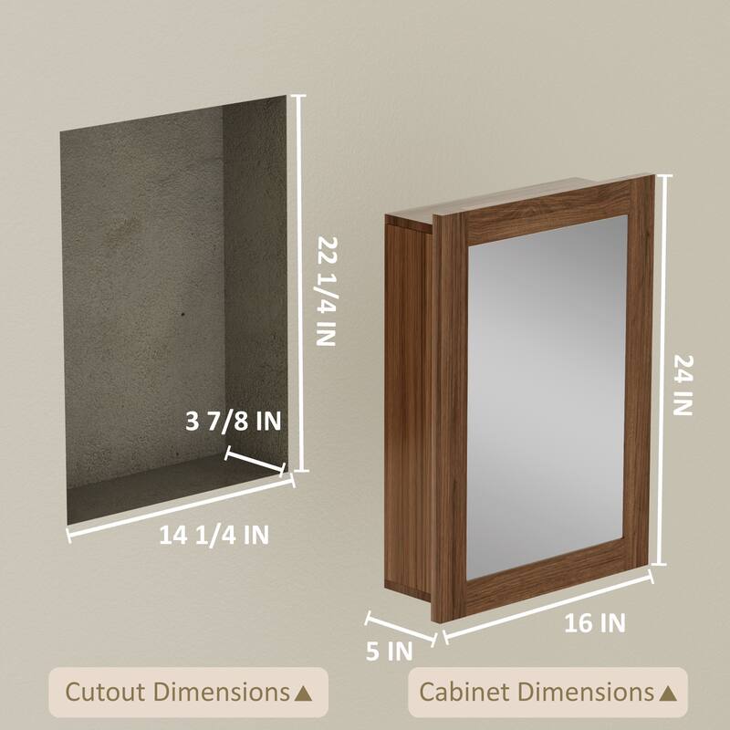 Wood Medicine Cabinet with Mirror, Adjustable Shelves, Walnut, Recessed/Wall Mount
