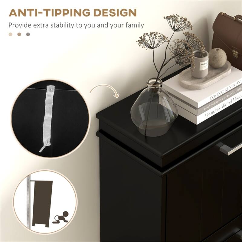 Black MDF Shoe Cabinet with Tilt Out Drawers Adjustable Shelves Anti Tipping Compact Storage Organizer for Home