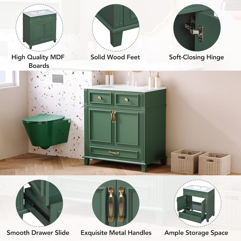 GDFStudio - Meriden Retro Bathroom Vanity with Ceramic Sink and Soft-Closing Storage Doors - 29.37'W