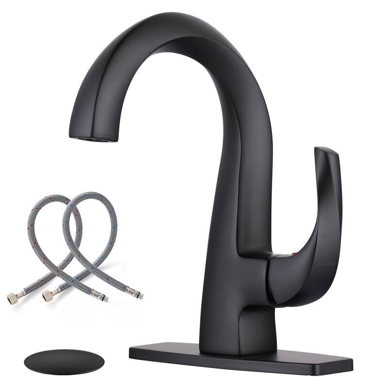 WOWOW Single Handle Gooseneck Bathroom Faucet with Deckplate Included - Matte Black