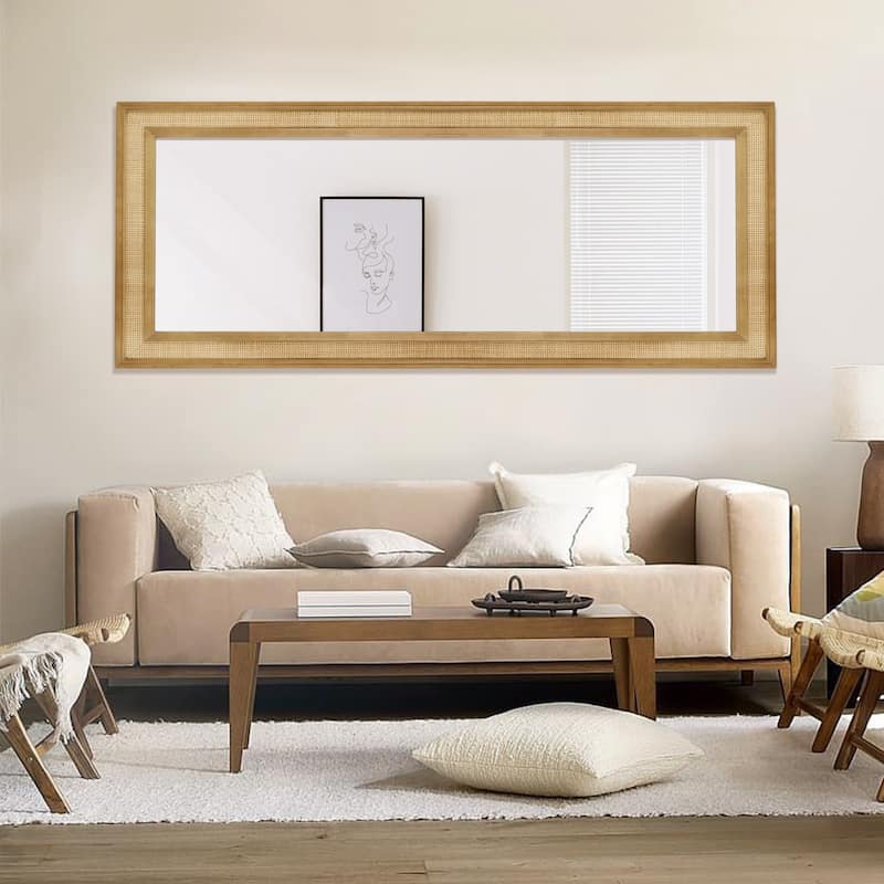 WallBeyond Wooden Framed Rattan Farmhouse Style Rectangle Wall Mirror