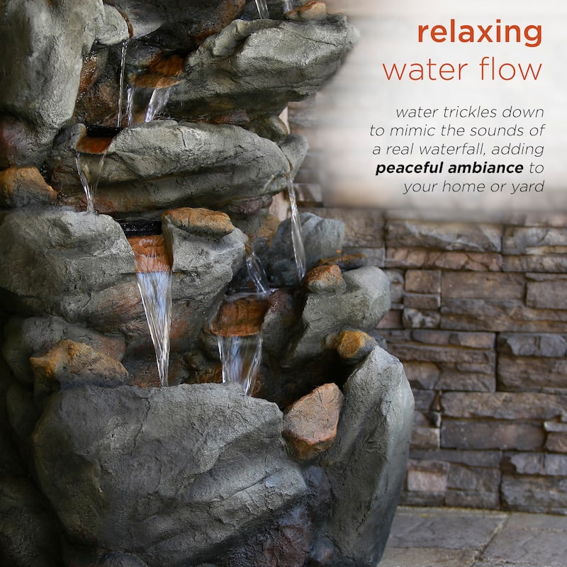 Alpine Corporation 50" Tall Outdoor 8-Tier Rock Waterfall Fountain with LED Lights, Grey