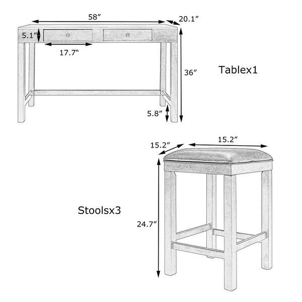 4 Piece Counter Height Table Set with Socket and Leather Padded Stools