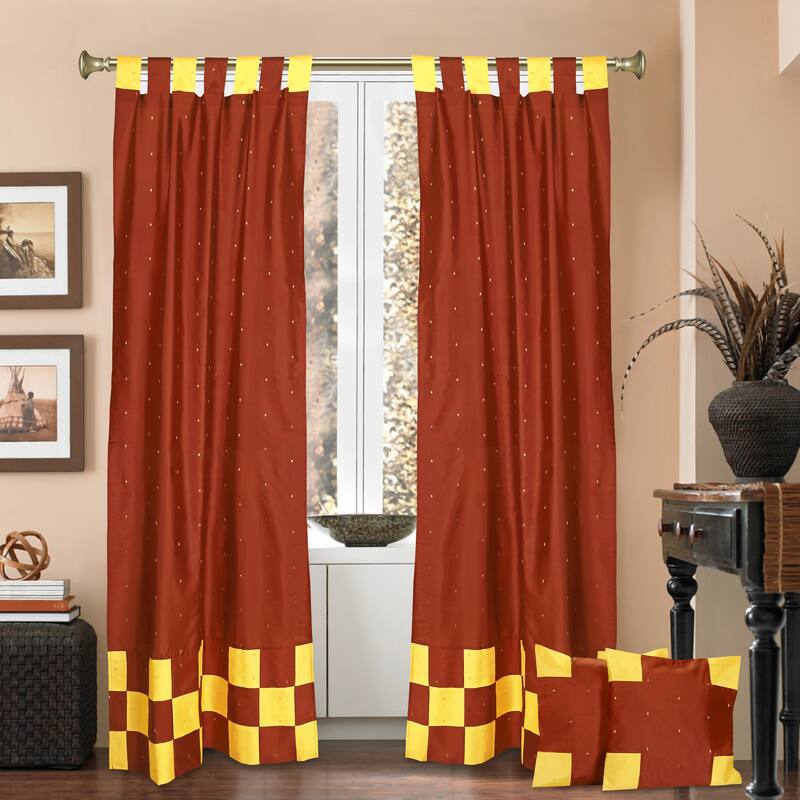 4 Pc Set Indian Sari Curtains & Cushion Covers Boho Tab Top Living Room Bedroom
