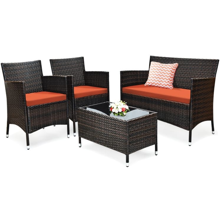 Rattan Patio Conversation Furniture Set with Glass Table and Comfortable Sofa - 4 Pcs