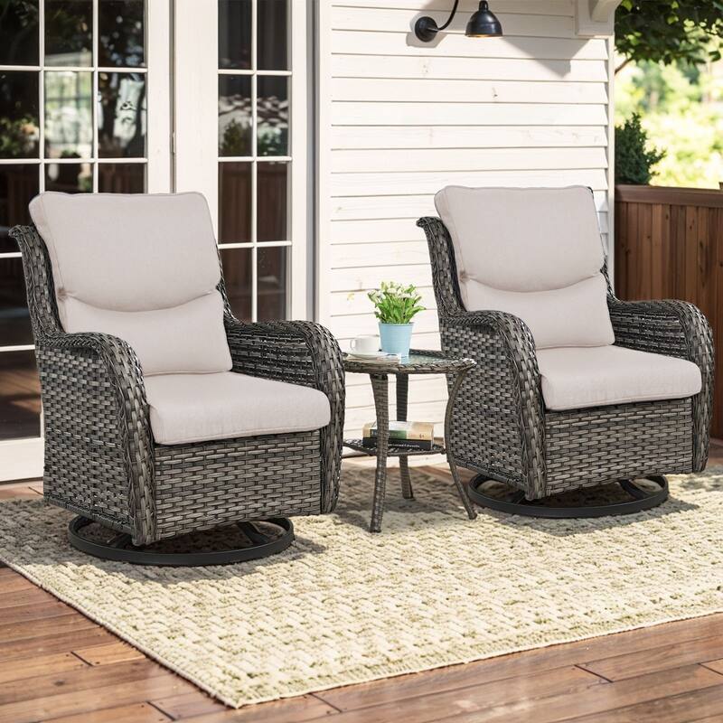 3 Pieces Outdoor Gliders Swivel Chairs with Table with 5-Inch Thick Cushions - Grey Rattan - Beige Cushion - 3PCS Swivel Chairs with Table
