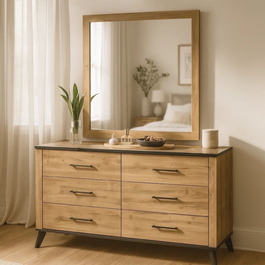Wemy Wide Dresser with Matching Mirror, 6 Drawers, Brown Wood