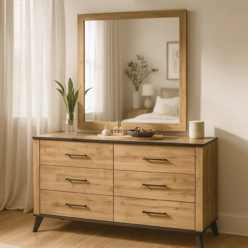 Wemy Wide Dresser with Matching Mirror, 6 Drawers, Brown Wood