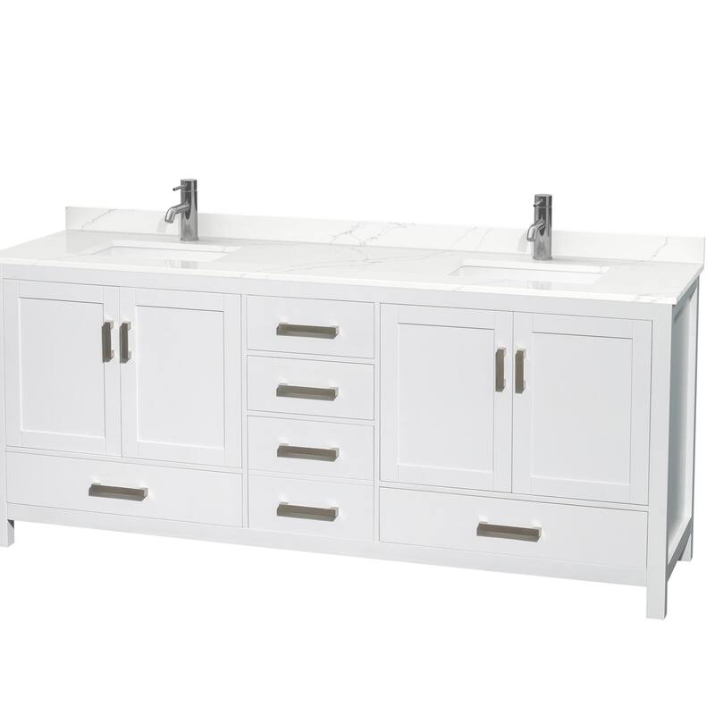 Sheffield 80-inch Double Vanity, Single Hole Quartz Top - White, Chrome Trim, Giotto Quartz Top