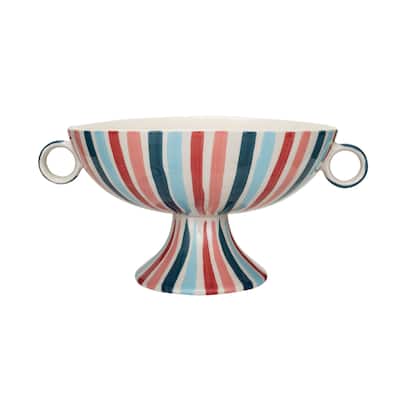 Hand-Painted Stoneware Footed Bowl with Handles and Stripes - 13.0"L x 9.8"W x 6.0"H - 13.0"L x 9.8"W x 6.0"H