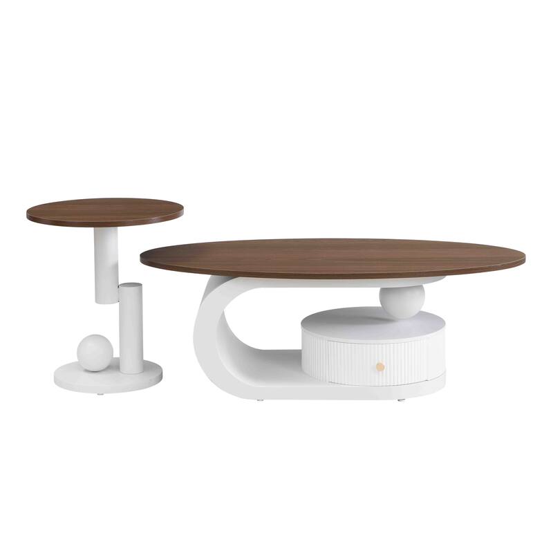 Luxury Nesting Coffee Table Set of 2, Tables with Storage for Living Room, Oval and Round Table Set