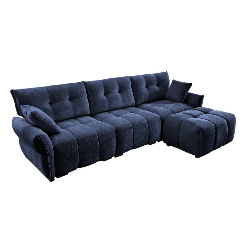 110.2" Chenille 3-Seater Sofa Set with Ottoman and Pillows, Solid Wood Frame and High-Resilience Cushions
